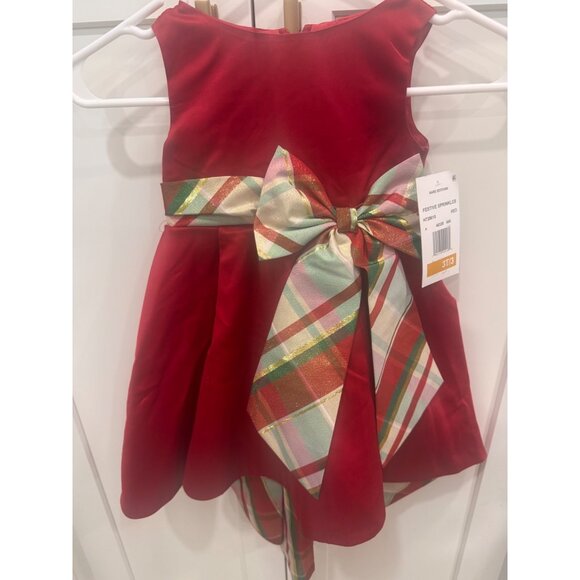 Rare Editions Red Holiday Dress W/ Plaid Bow Size 3T Polyester Metallic Blend To - Picture 1 of 6